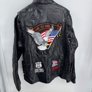 Diamond Plate Buffalo Leather Motorcycle Jacket‎ 3X Black Vtg Patchwork Eagle